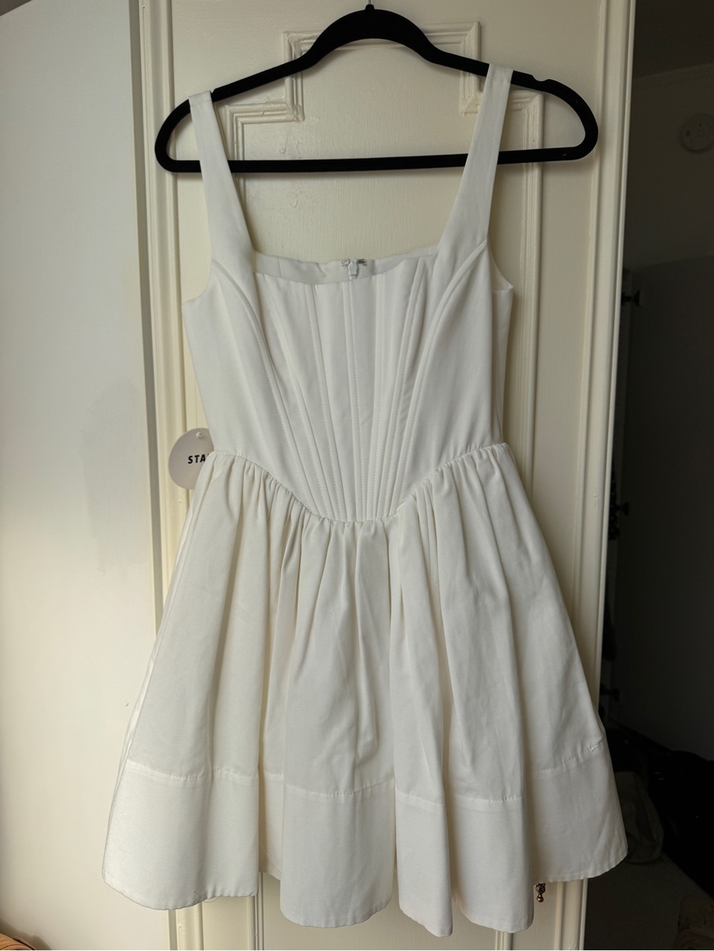 STAUD Ivory Sleeveless Dress with Blue Logo Label